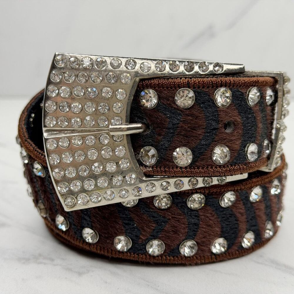 Womens Rhinestone Zebra Faux Fur Western Belt Brown Small/Medium (S/M) ✨